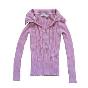DKNY Jeans vtg y2k baby Pink Ribbed Cable Knit Zip Portrait Collar Sweater S
